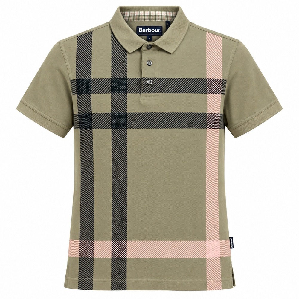 Barbour Mens Large Plaid Polo Shirt Olive Green Pink MML1117OL38 Size M